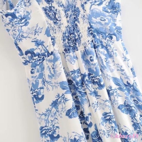 REFORMATION Nikita Olympia Blue & White Floral Toile Midi Dress Long Ruffle 4/S - Picture 6 of 16